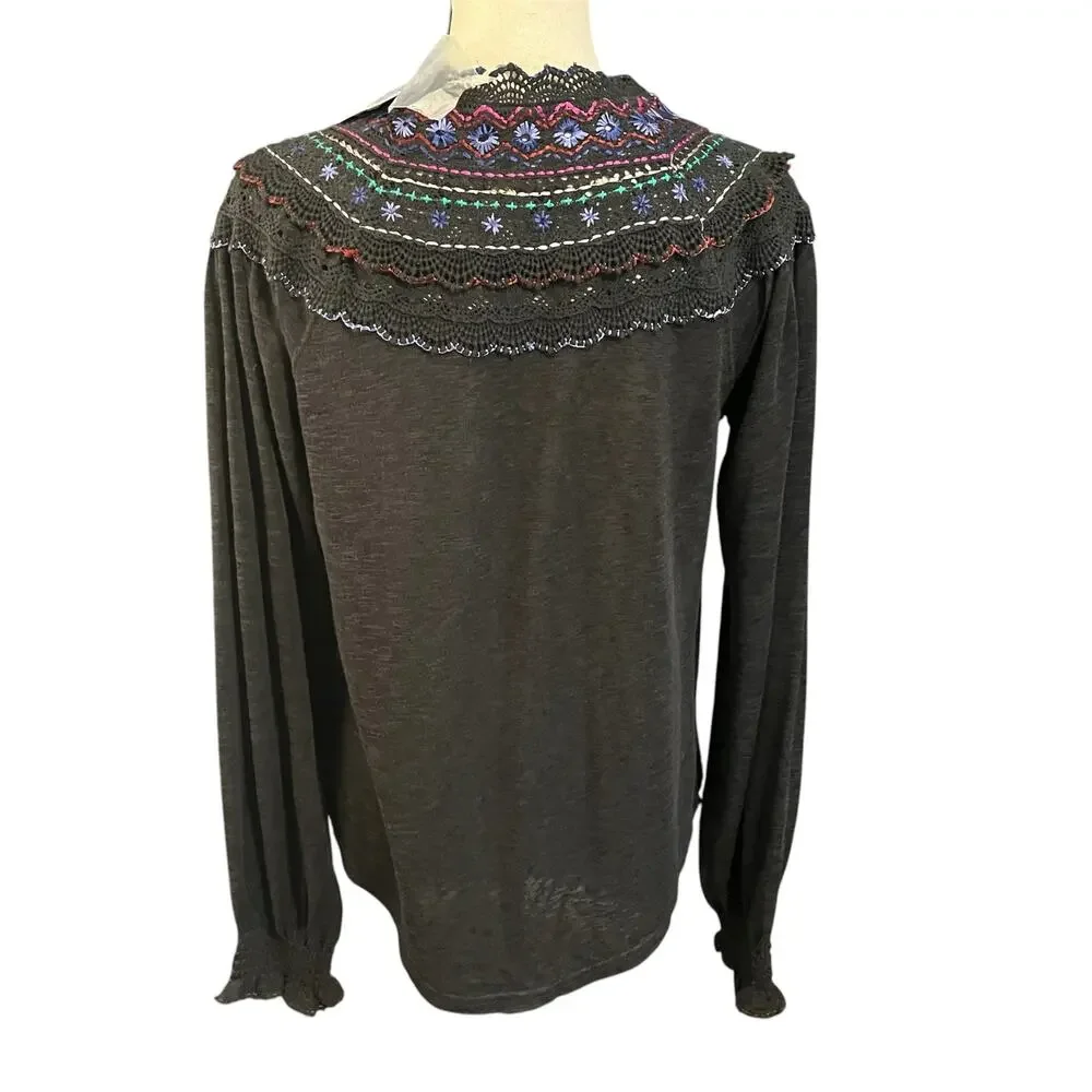 Free People NEW Women's Black V-Neck Embroidered Siesta Fiesta Top Sz XS Boho